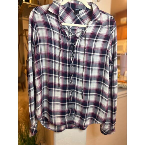 PAIGE plaid button up blouse with laced front long sleeve blouse M 6-10 MSRP$195 - Picture 2 of 4